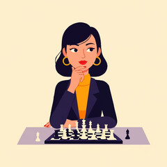 Woman thoughtfully playing chess game strategizing her next move.