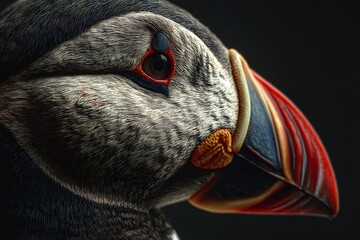 Hyper detailed close up of puffin with colorful beak and sharp feather details in lifelike realism