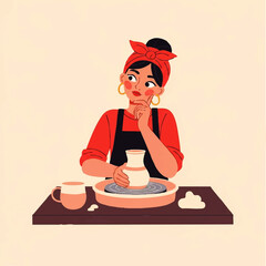 Woman thoughtfully working on pottery wheel creating ceramic art.