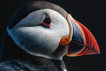Hyper detailed close up of puffin with colorful beak and sharp feather details in lifelike realism