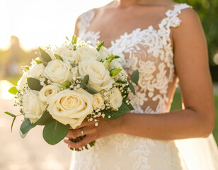 Bride Holding a Creamy White Rose Bouquet in Sunlight, Wedding Day