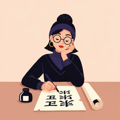 Young woman practicing calligraphy with ink and brush.