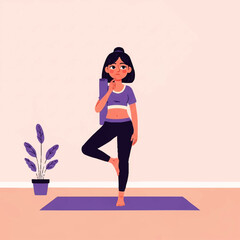 Young woman practicing yoga tree pose indoors on a mat.