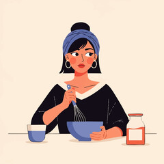 Young woman preparing ingredients in a bowl with a whisk.