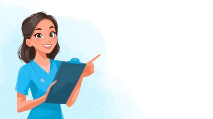 Friendly cartoon nurse character with clipboard in hand on simple background representing hospital caregiving medical professionalism and healthcare staff concept