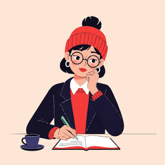 Young woman wearing a beanie and glasses writing in a notebook.