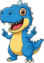 Cartoon blue dinosaur, cheerful character, pointing hands, yellow belly, expressive eyes, spikes, teeth, fun pose, kids theme, educational design
