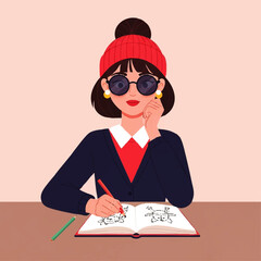 Young woman wearing a beanie and sunglasses drawing in a notebook.