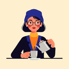 Young woman wearing a blue beanie and glasses pouring coffee.