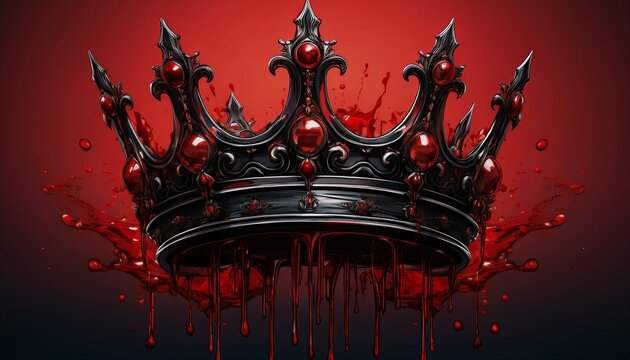 black ornate crown dripping blood against a dark red background gothic dramatic mysterious macabre dark fantasy bloody regal power royalty