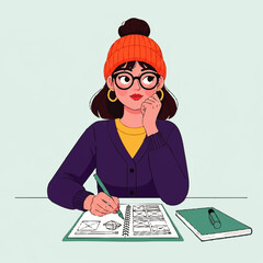 Young woman wearing glasses and beanie sketching in a notebook.