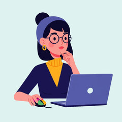 Young woman with glasses and bun working on a laptop.