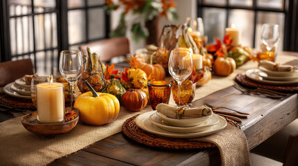 Naklejka premium Cozy Thanksgiving table setting with pumpkins and autumn decor.