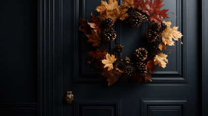 An autumn wreath adorns a dark door, evoking a cozy, welcoming atmosphere.