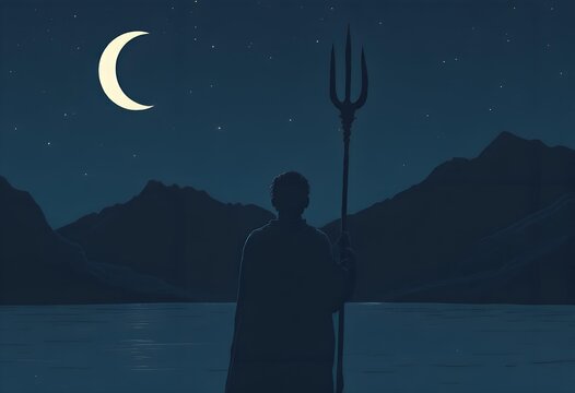 Silhouette of a man holding a trident standing by a serene lake under a starry night sky with a crescent moon.