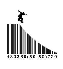 Skateboarder Riding Barcode Ramp Silhouette, Creative Barcode Skateboarding Concept Illustration, Skater Performing Trick on Barcode Ramp Graphic