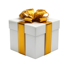 A white gift box with a shiny gold ribbon and bow isolated on transparent background