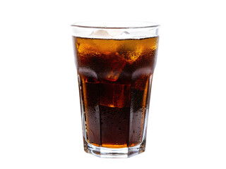Glass of dark soda with ice cubes isolated on a transparent background coke cola