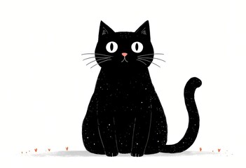 Illustration of a black cat sitting with white eyes on a white background with red dots.