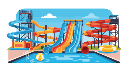 Colorful waterpark illustration featuring giant slides, pool floats, palm trees, and lounge chairs, perfect for summer fun, vacation themes, family entertainment, and tropical resort design concepts © meeblues