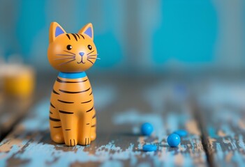 Close-up of an orange toy tiger figurine with a blue collar on a distressed wooden surface with scattered blue beads against a blurred turquoise background.