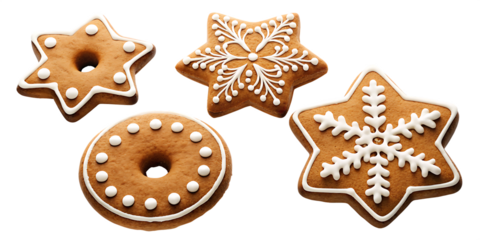Festive gingerbread cookies with white icing decorations isolated on a transparent background