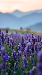 Obraz premium Vibrant Purple Lavender Field with Mountain Background vertical
