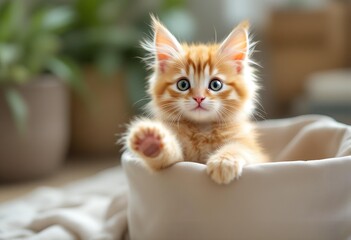 Adorable orange kitten peeking over the edge of a beige couch in a cozy living room with plants.