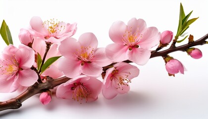 Naklejka premium isolated white background elegant pink flowers blooming on peach tree branch showcasing nature beauty