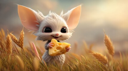 Charming Small Creature Joyfully Holding a Piece of Cheese in a Golden Wheat Field at Sunset