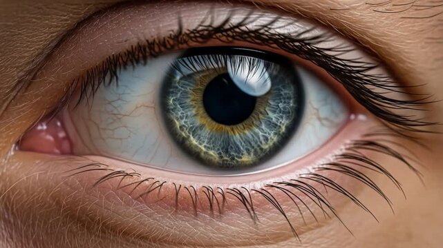 Close-up of a human eye with a blue iris showing details of the pupil sclera and eyelashes.