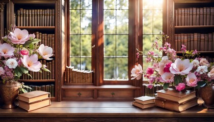 Fototapeta premium a serene and enchanting library scene with blooming flowers and vintage books