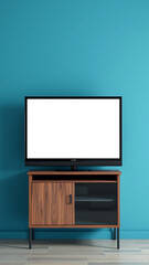 Fototapeta premium Poster blank mockup with vertical white on cabinet tv on blue wall background