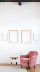 Poster blank mockup with vertical frames on empty white wall in living room interior with pink velve