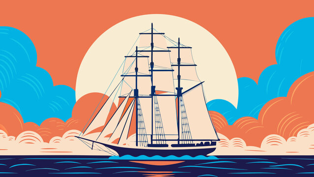 Fototapeta Vintage Sailing Ship at Sunset Ocean Scene Illustration