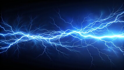 Photo of a powerful horizontal streak of bright blue lightning across a dark background, with smaller branching sparks and a luminous glow emanating from the main current