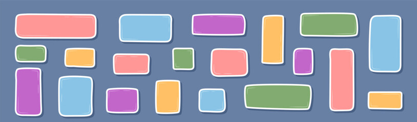 Cartoon rectangle sticker set in hand drawn doodle style on blue background. Patch and organic box label as memo note collection in colorful text, ideal for playful decor, creative message or modern