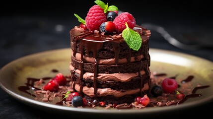 "Chocolate avocado mousse stack with raspberries and cacao nibs, dark marble surface - luxury