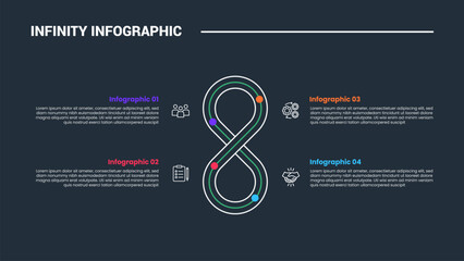 infinity loop concept infographic process diagram with vertical loops on quadrant structure with dark background bright outline style and 4 points