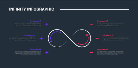 infinity loop concept infographic process diagram with opposite point list with arrow cycle with dark background bright outline style and 6 points
