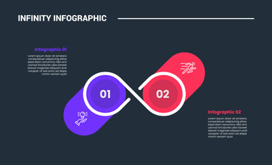 Fototapeta na wymiar infinity loop concept infographic process diagram with opposite comparison with extrude circle container with dark background bright outline style and 2 points