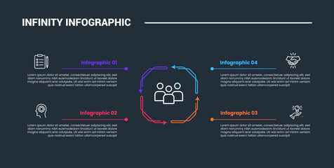 Fototapeta na wymiar infinity loop concept infographic process diagram with circular arrow on quadrant structure balance with dark background bright outline style and 4 points