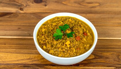 Bowl of heartwarming lentil stew served on a rustic wooden backdrop