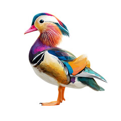 Obraz premium Colorful mandarin duck illustration. Vivid, geometric facets create a modern, bold style for nature posters, social media, or vibrant prints.