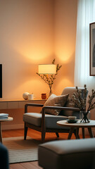 Living room muji style in warm tones with armchair and decoration minimal vertical