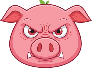 Angry cartoon pig face, red eyes, tusks, flared nostrils, expressive animal character, pink skin, emotion icon, fierce, wild, mascot