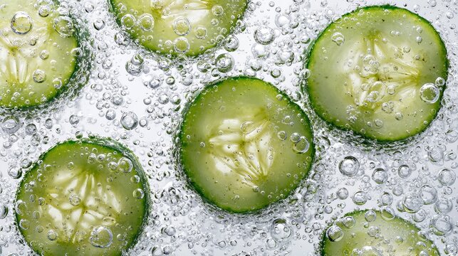 Refreshing cucumber slices submerged in sparkling water with vibrant bubbles creating a cool, invigorating sensation perfect for health and wellness concepts