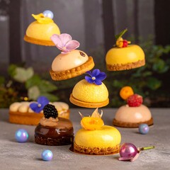 Colorful miniature tarts in mid-air