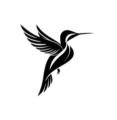 Fototapeta premium Black line art shows a flying hummingbird against a black surface, for use as a minimalist design, logo, or social media graphic.