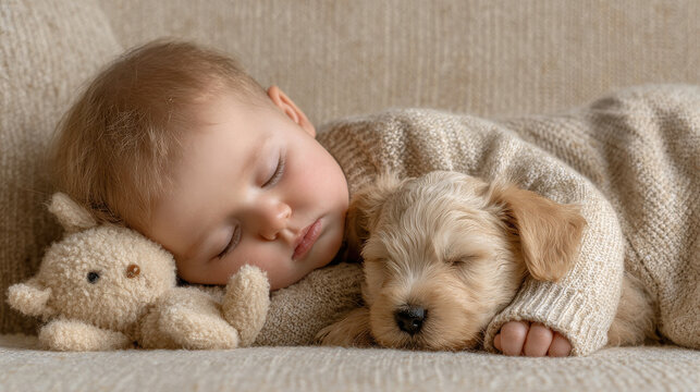 cozy scene of baby and puppy peacefully sleeping on sofa surrounded by plush toys